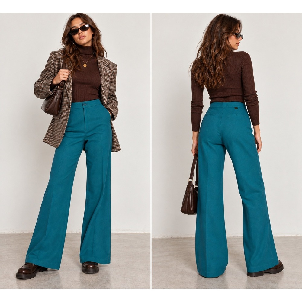 Vintage 70s Levi's 27x30 Sta-Prest Teal High Waist Wide Leg Flare Pants Trousers